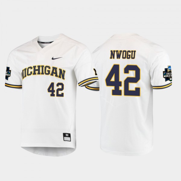 Michigan Wolverines #42 Mens Jordan Nwogu Jersey White Player 2019 NCAA Baseball College World Series